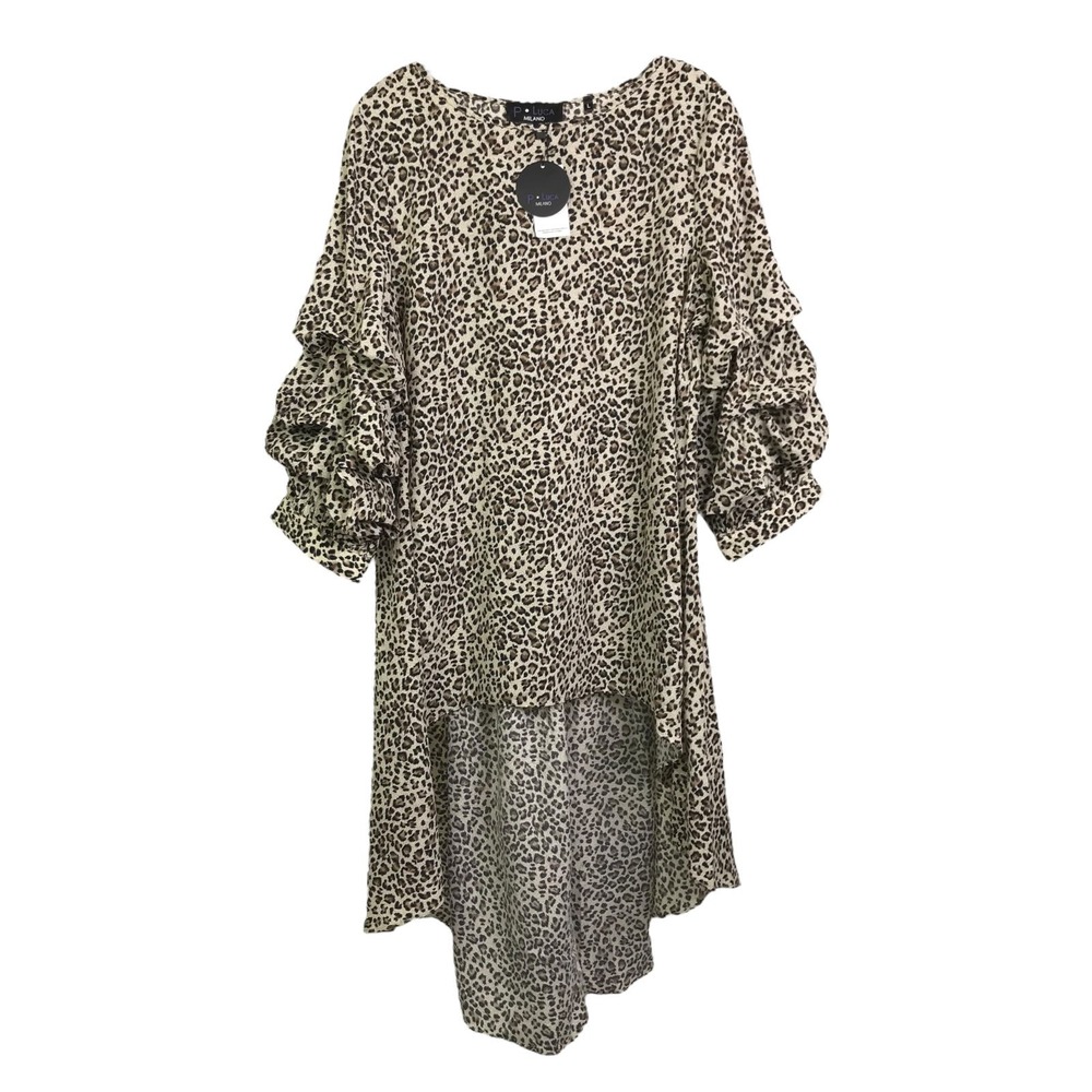 P.Luca‎ Milano Women's Tunic Top Hi-Lo Puff Gathered Sleeves Brown Leopard L NWT